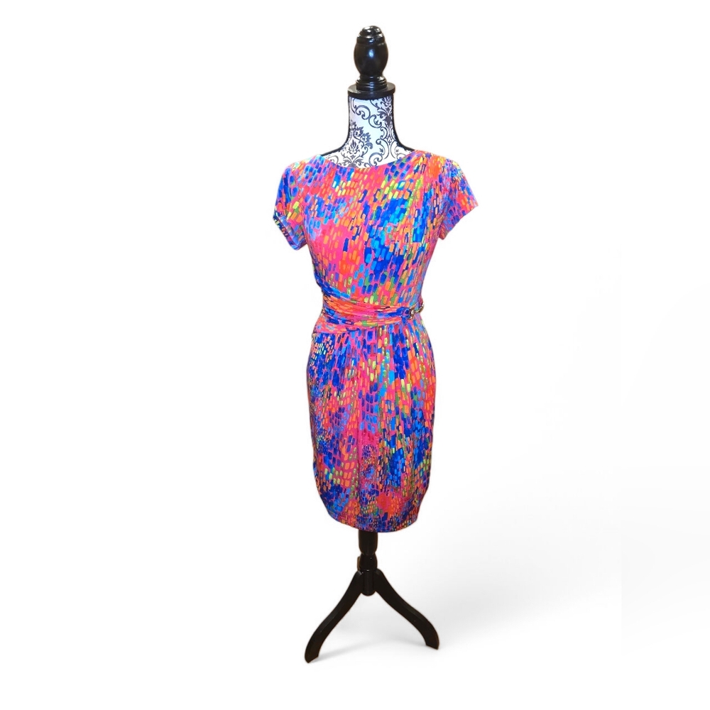 Ellen Tracy Artsy Abstract Print "Belted" Mid Length Cocktail Dress SZ 6 Neon